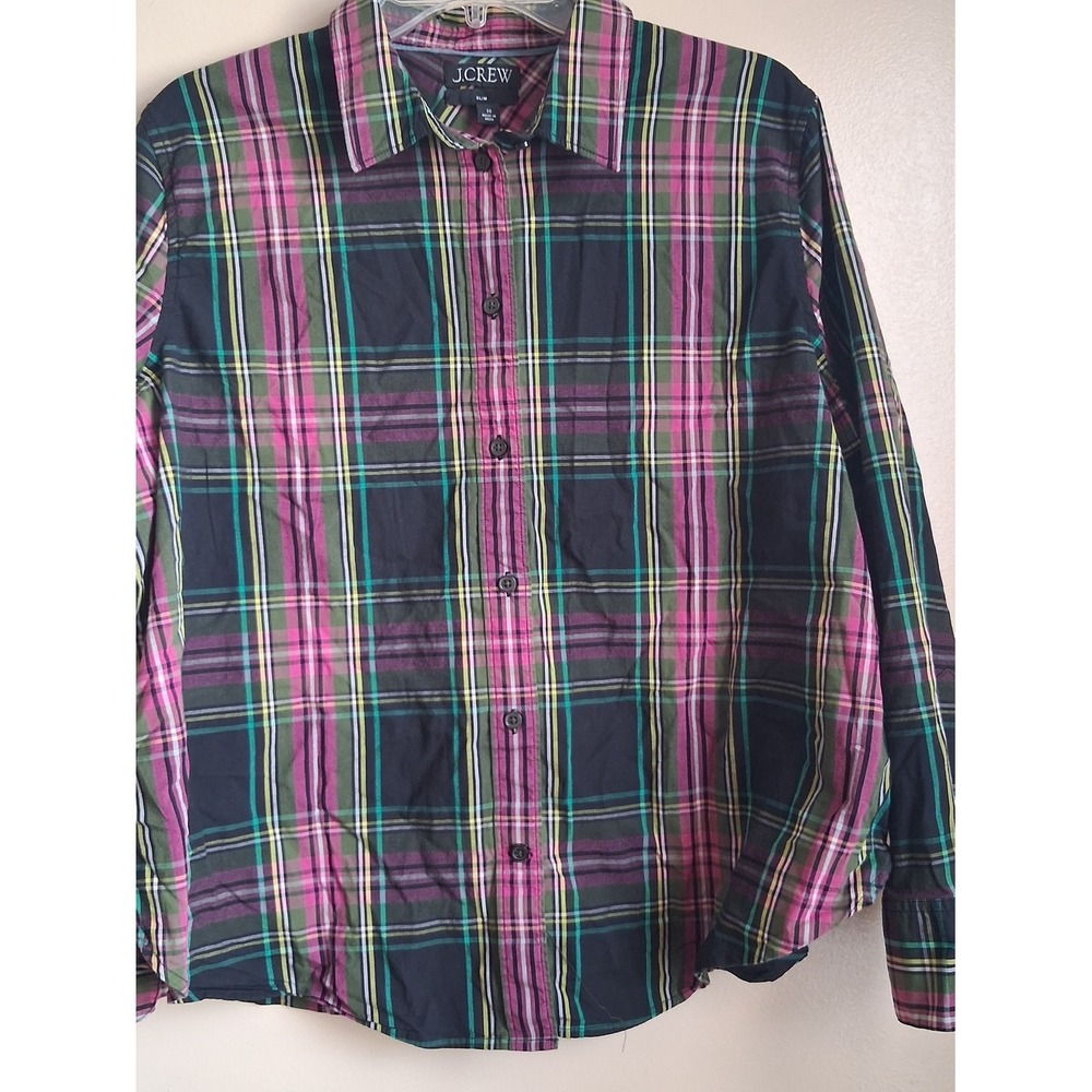 J. Crew Slim‎ Fit Plaid Button Down Shirt Pink Green Navy Multi Color Size 20